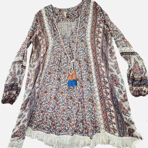 Raga Floral Long Sleeve Fringe Hem Boho Dress Women’s Medium Prairie Peasant